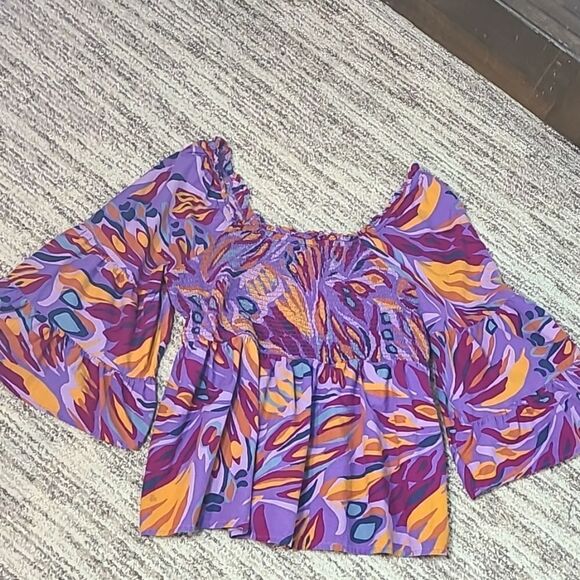 Terra & Sky Colorful Top Purple Orange Print Shirred Elastic, Size 1X, 16W-18W - Picture 3 of 9